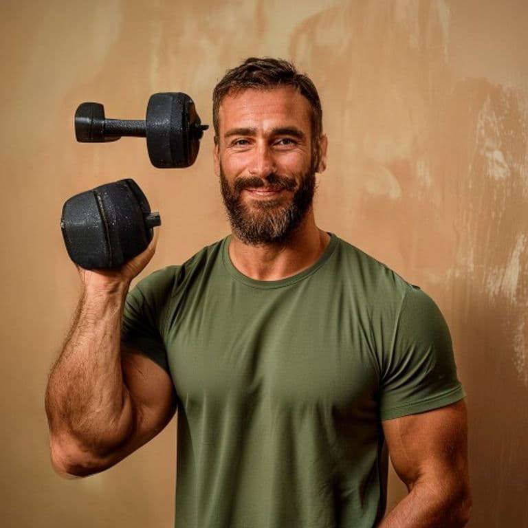 Foto dimostrativa di un fitness trainer con un manubrio in mano